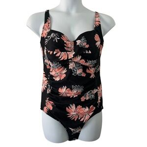 Women's One-Piece Black Floral Padded Adjustable Ruched Swimsuit XXL NWOT